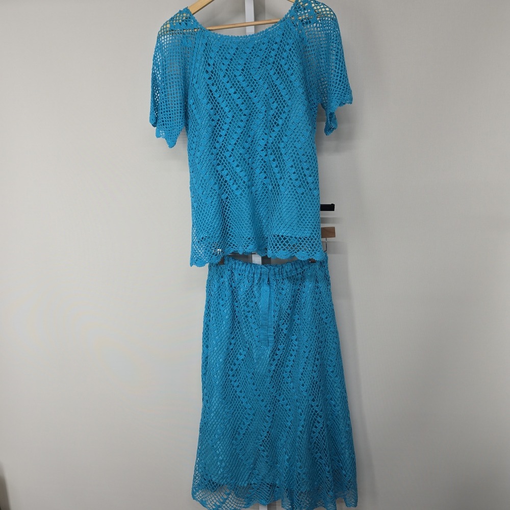 Vintage Amanda & Amanda Crochet Knit Matching‎ Set Top Skirt Blue Size Medium - Picture 2 of 10
